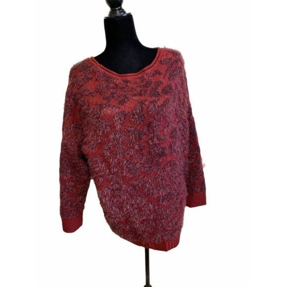 14th & Union Burgundy Fuzzy Knit Pullover Sweater L Petite Long Sleeves - Picture 2 of 5